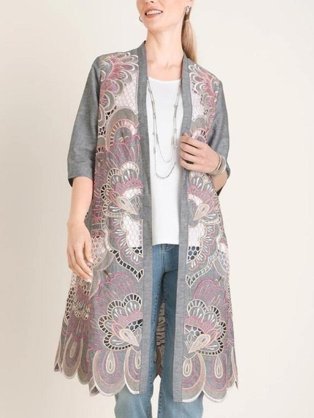 Chico's Embroidered Scalloped-Hem Linen Blend Kimono Jacket Sz L